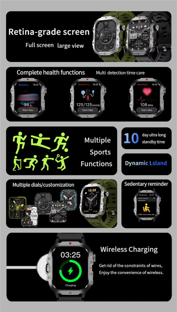 FUK H Series Smart Watch 2025 – 2.19" Touchscreen, LED Flashlight, Heart Rate & BT Call, IP67 Waterproof Fitness Tracker for Android & iOS - Image 2